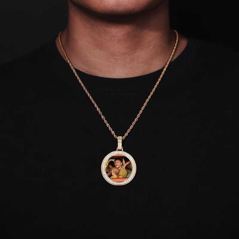 18k gold T-square round pendant with custom photo – 38mm personalized necklace