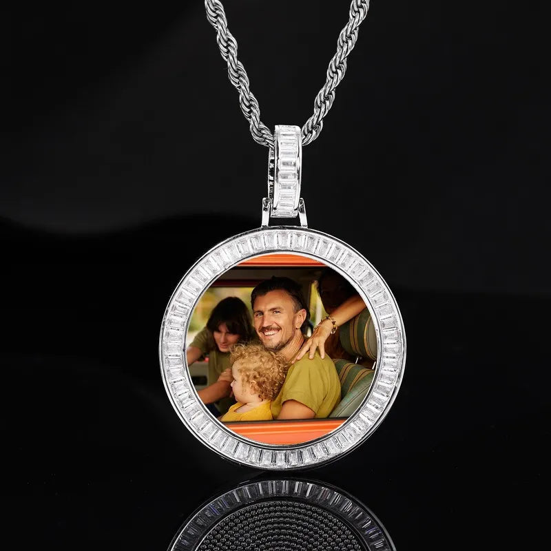 T-square micro-inlaid custom photo round pendant necklace in 14k gold – 38mm personalized jewelry gift