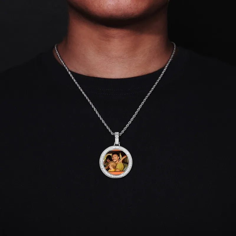 14k gold T-square custom round photo pendant necklace worn on model – 38mm iced-out jewelry