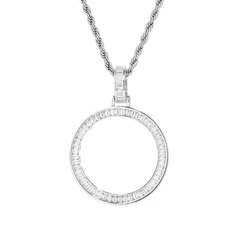Empty T-square micro-inlaid round pendant frame for photo customization – 38mm personalized jewelry