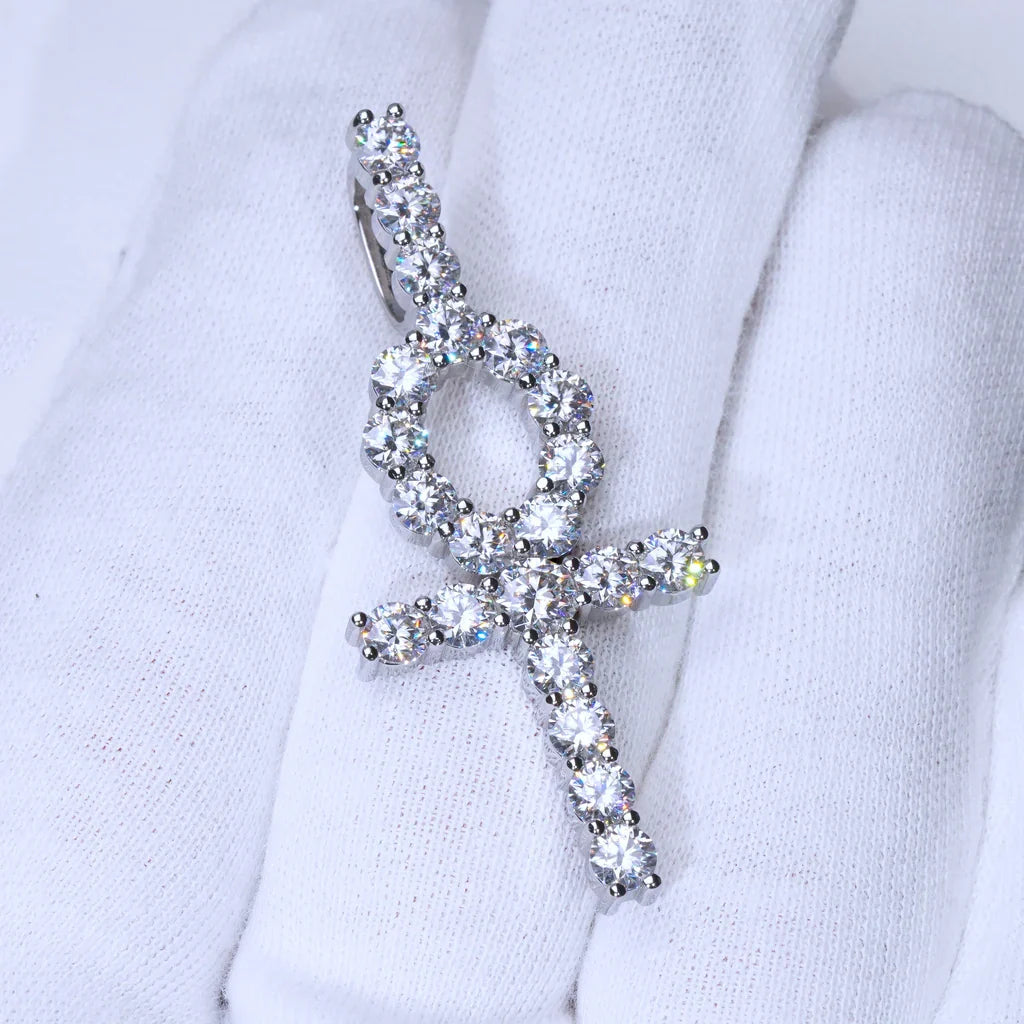 Close up moissanite ankh cross pendant with round cut diamonds iced out