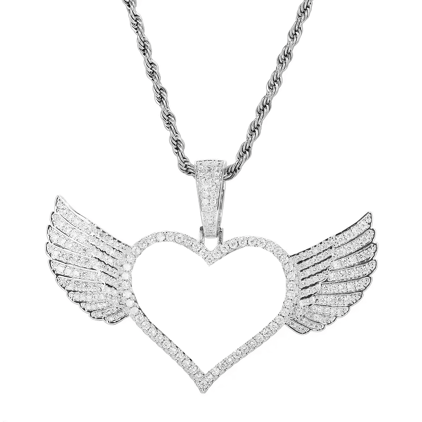 Silver micro-inlaid heart wings pendant with personalized photo - 25mm custom jewelry