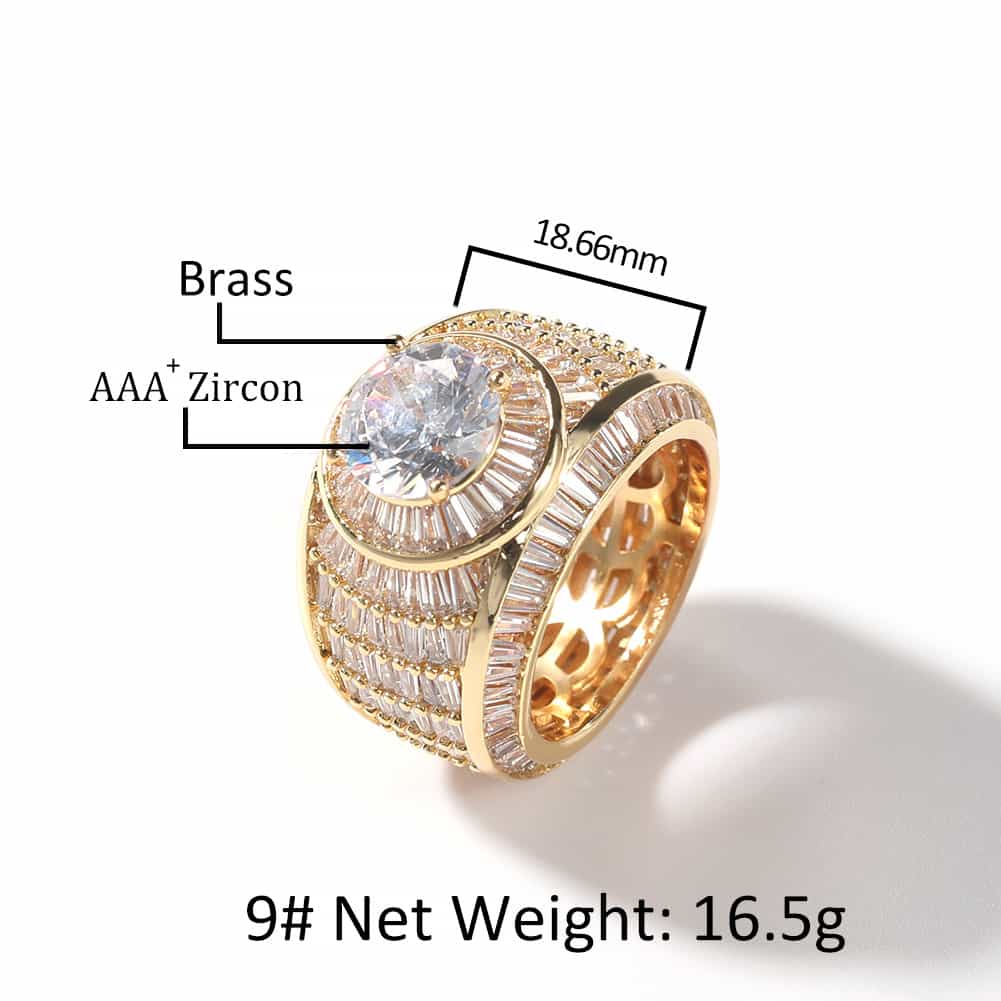 Men's Diamond-Encrusted Hip-Hop Ring in 18K Gold Plating