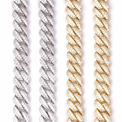10MM iced Cuban link chain necklace in gold and silver with diamonds, hip hop jewelry