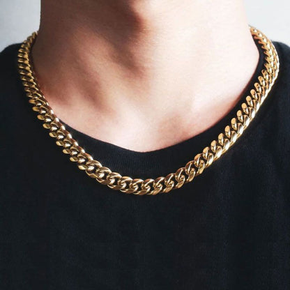 Side view of gold Cuban link chain necklace on neck
