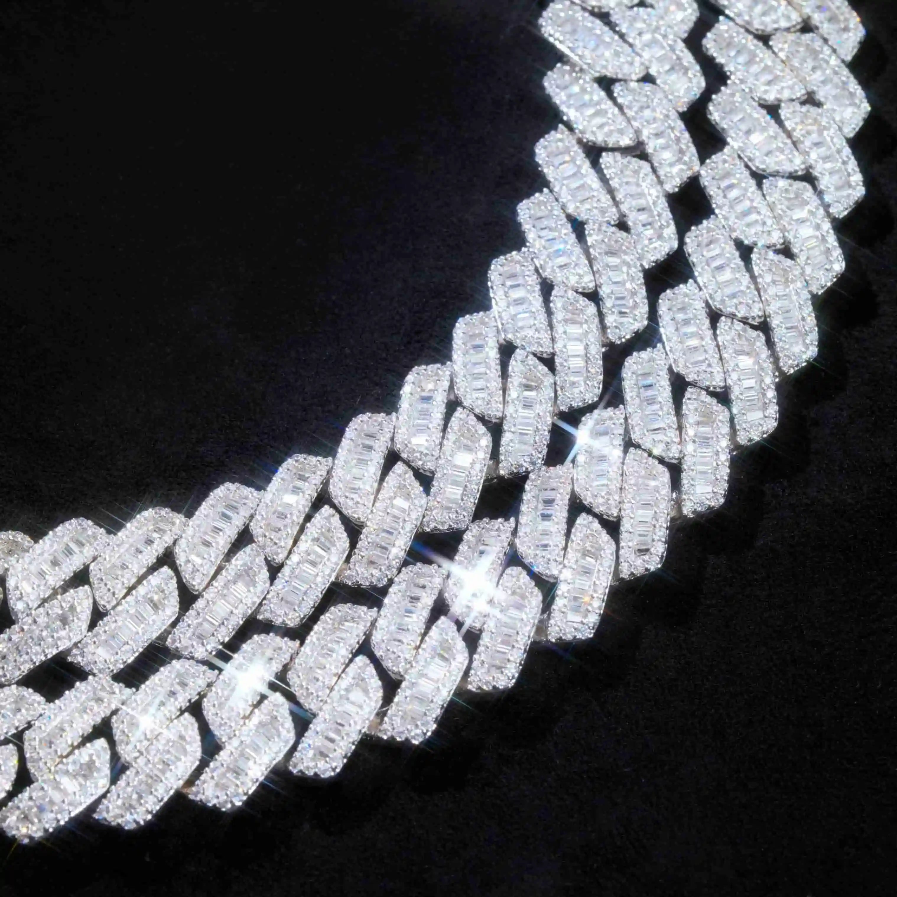 Curved Clasp Baguette Prong Cuban Chain - 13mm