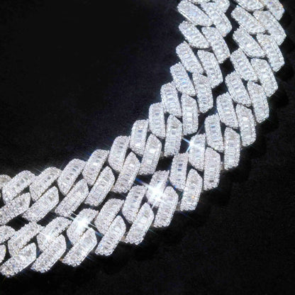 Curved Clasp Baguette Prong Cuban Chain - 13mm
