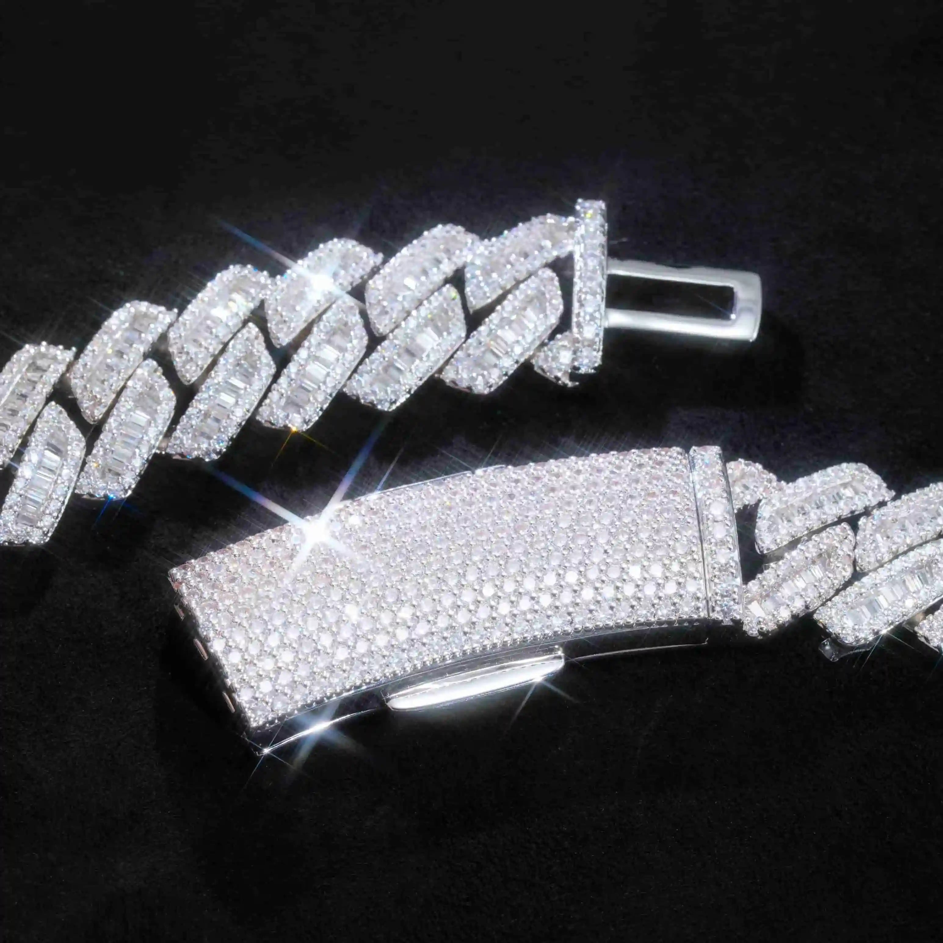Curved Clasp Baguette Prong Cuban Chain - 13mm