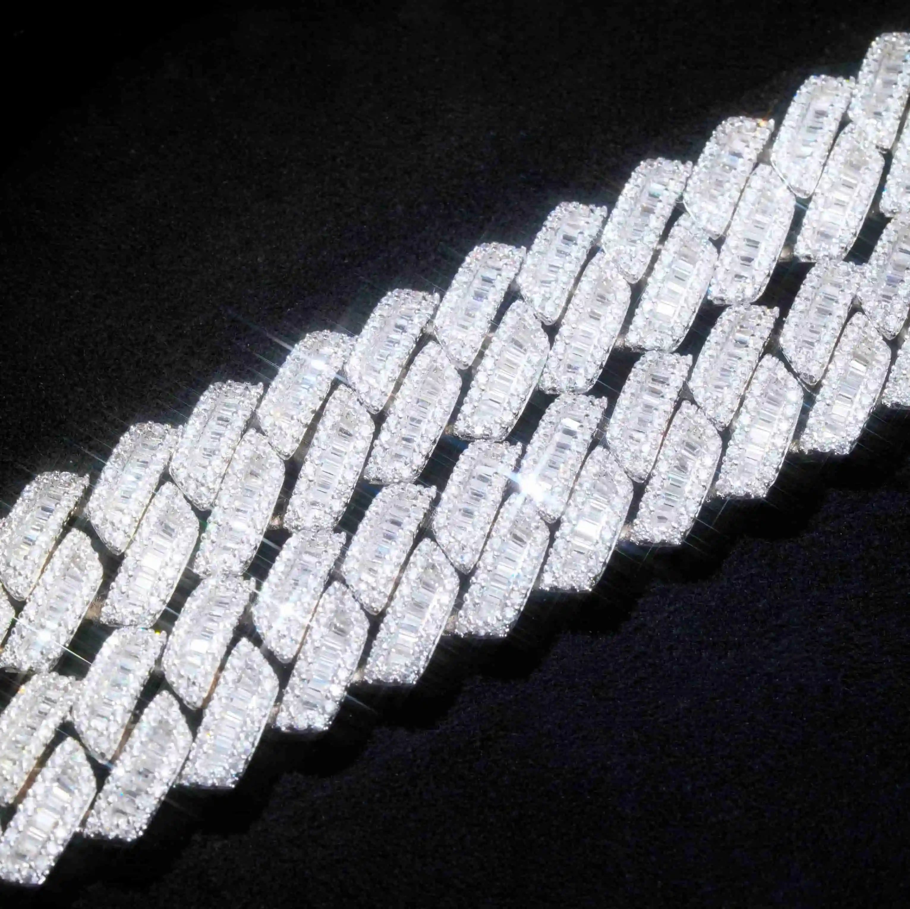 Curved Clasp Baguette Prong Cuban Chain - 13mm