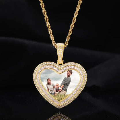 14K White Gold Custom Photo Heart T-Shaped Diamond Pendant - 42mm