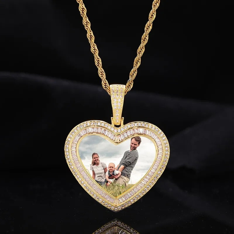 14K White Gold Custom Photo Heart T-Shaped Diamond Pendant - 42mm