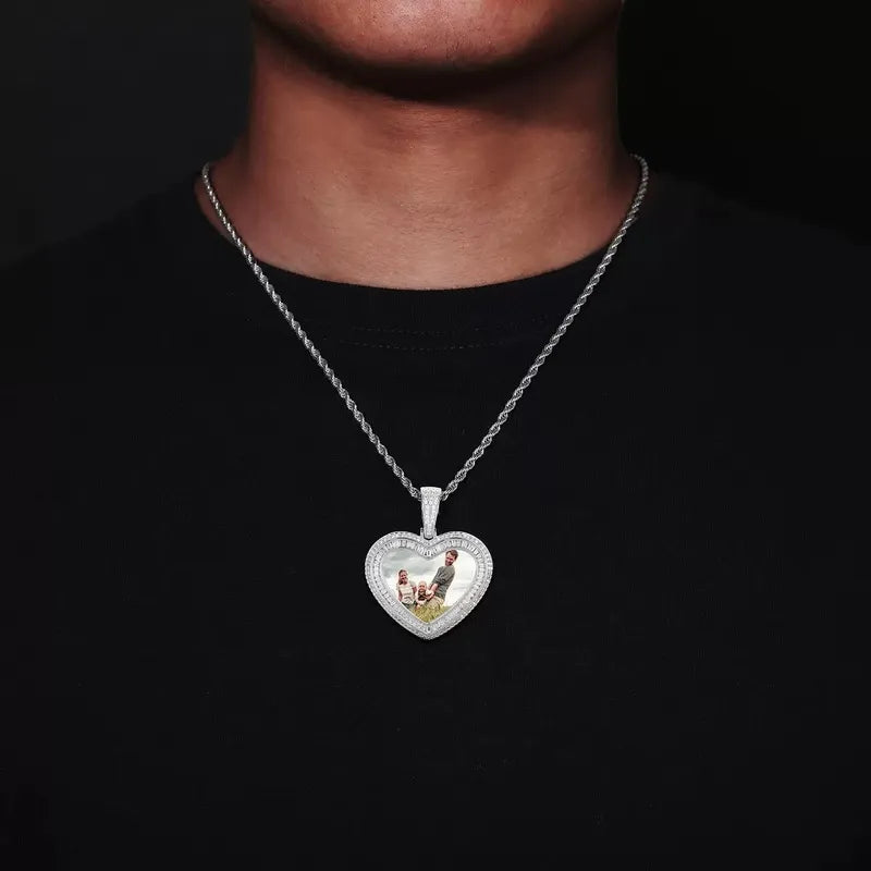 14K White Gold Custom Photo Heart T-Shaped Diamond Pendant - 42mm