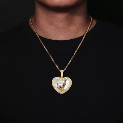 14K White Gold Custom Photo Heart T-Shaped Diamond Pendant - 42mm