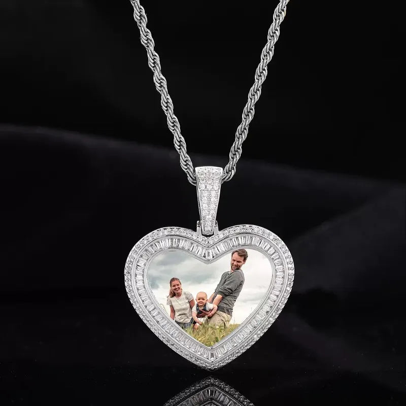 14K White Gold Custom Photo Heart T-Shaped Diamond Pendant - 42mm