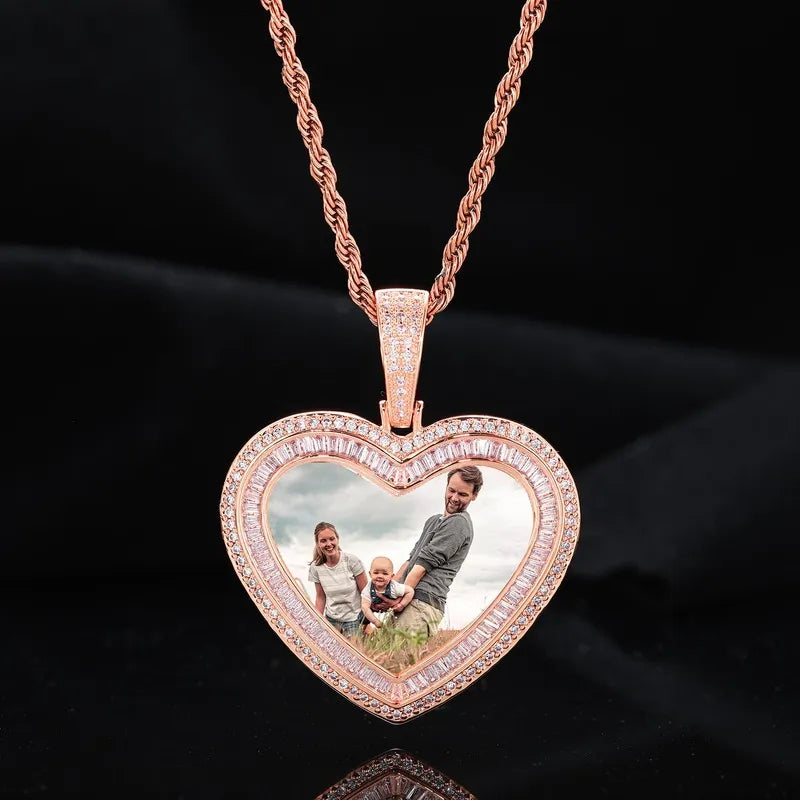 14K White Gold Custom Photo Heart T-Shaped Diamond Pendant - 42mm