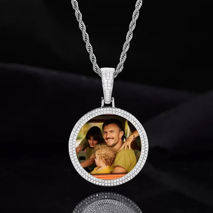Silver custom photo round pendant with micro-pavé design – 37mm personalized necklace gift 