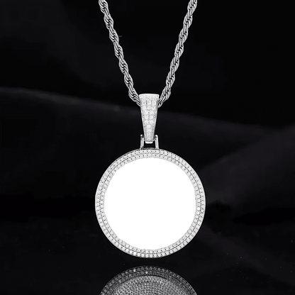 Empty double row micro-pavé round pendant frame for photo customization – 37mm personalized necklace