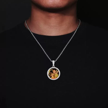 14k Gold Custom Photo Double Row Micro-Pavé Round Pendant - 37mm