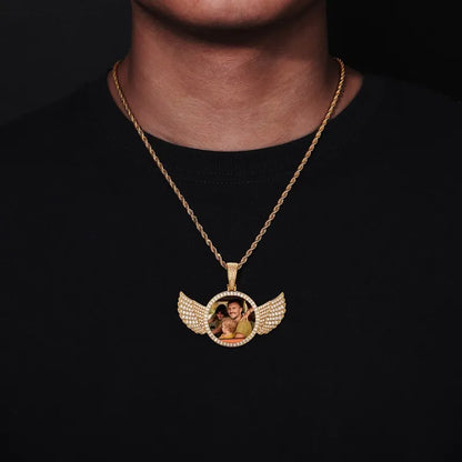 14k Gold Custom Photo Round Wing Pendant - 67mm