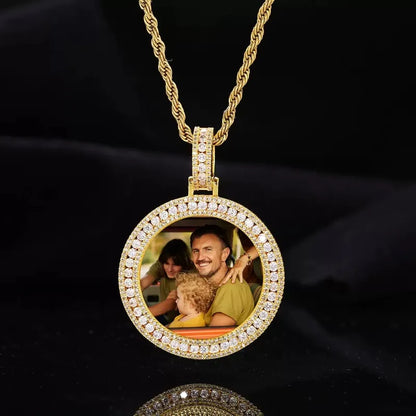 14k Gold Double Row Micro-Inlaid 3D Custom Photo Round Pendant - 40mm