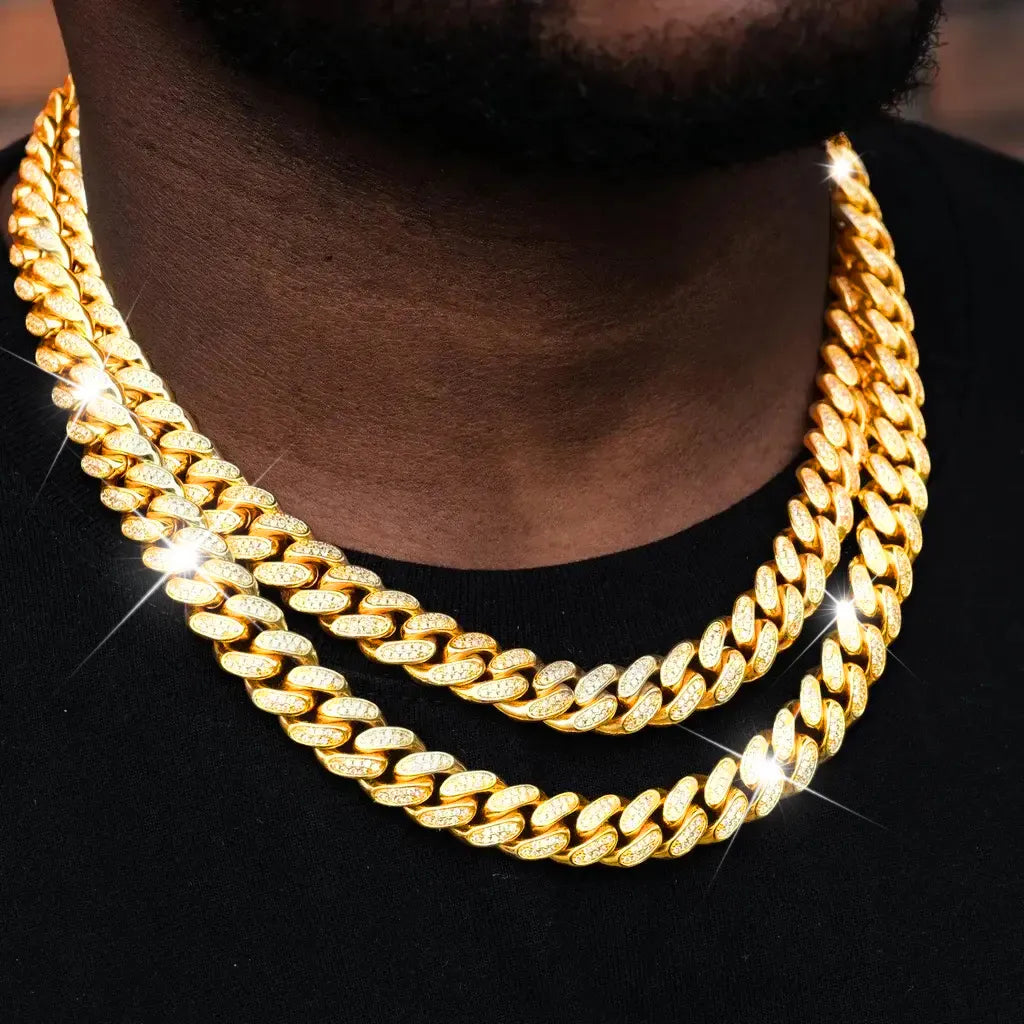 Diamond Iced Cuban Chain in Yellow Gold - 12mm