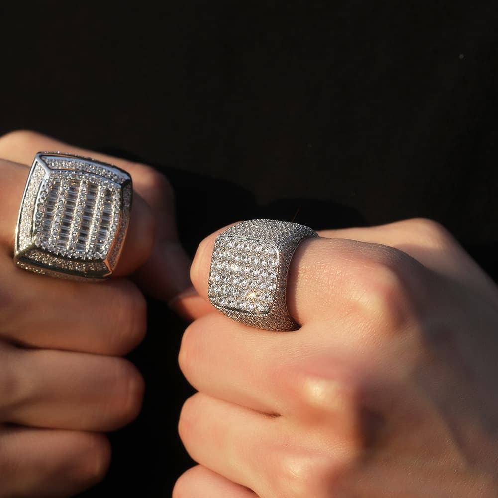 Square Diamond Encrusted Hip-Hop Ring in 18K Gold Plating