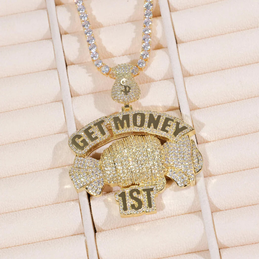Get Money First Iced Necklace In 18k Gold