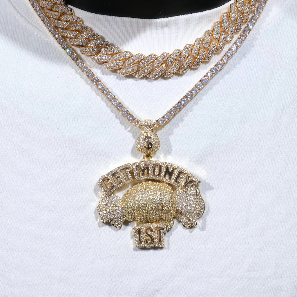 Get Money First Iced Necklace In 18k Gold