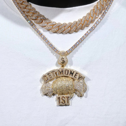 Get Money First Iced Necklace In 18k Gold