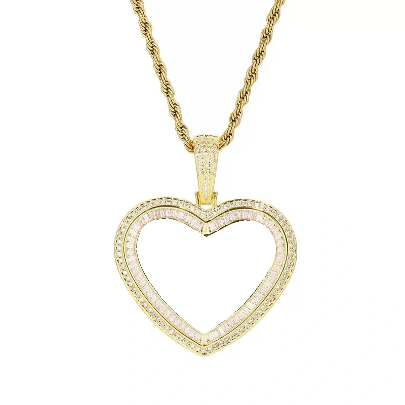 18K Gold Custom Photo Heart T-Shaped Diamond Pendant - 42mm