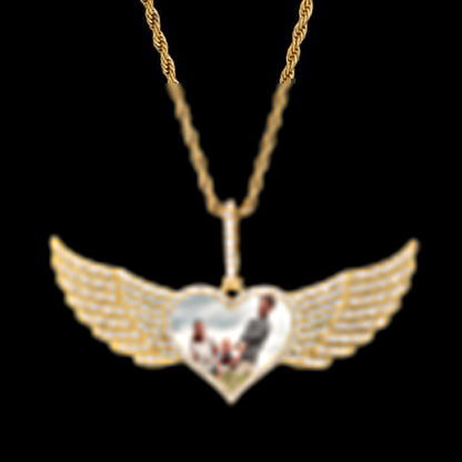 18k Gold Large Angel Wings Photo Custom Heart Pendant - 80mm