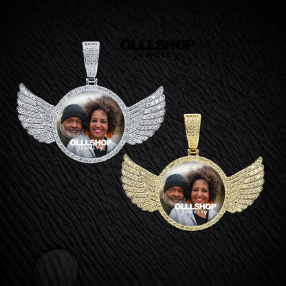 Personalized Winged Round Photo Pendant