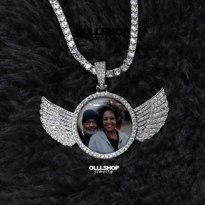 Personalized Winged Round Photo Pendant