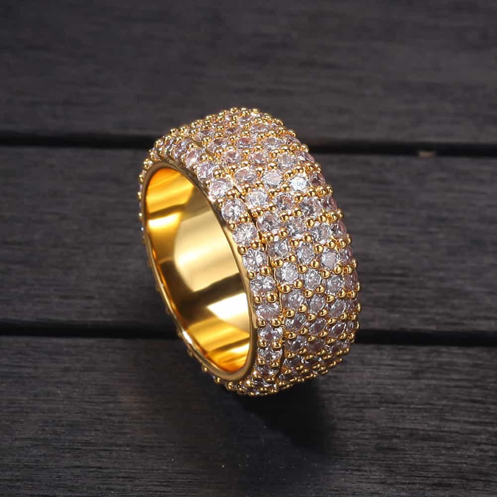 Five-Row Full Diamond Encrusted Hip-Hop Ring in 18K Gold Plating