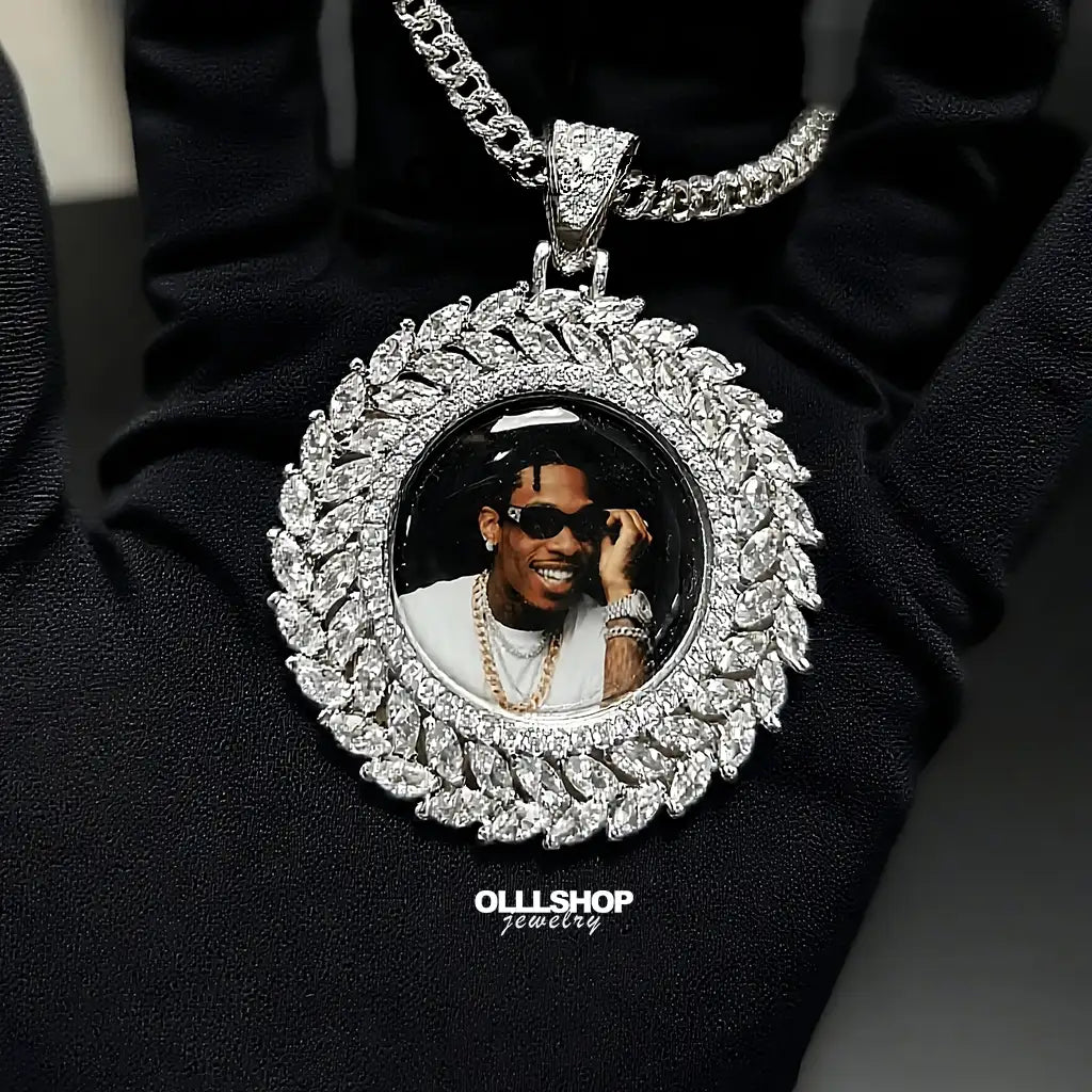 Wheat Ear Round Custom Photo Pendant - Personalized Iced Necklace