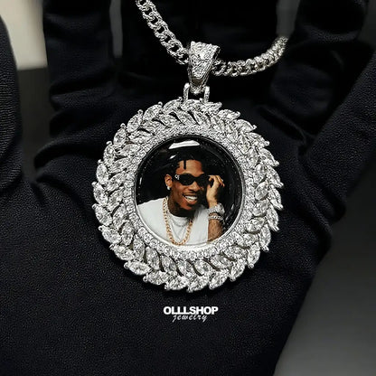 Wheat Ear Round Custom Photo Pendant - Personalized Iced Necklace