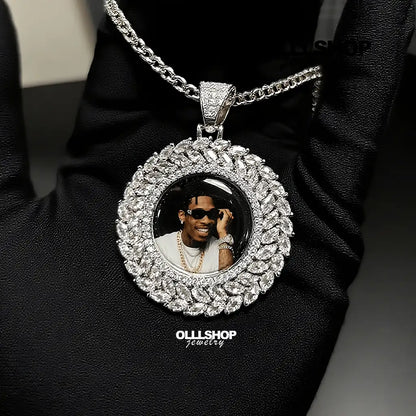 Wheat Ear Round Custom Photo Pendant - Personalized Iced Necklace