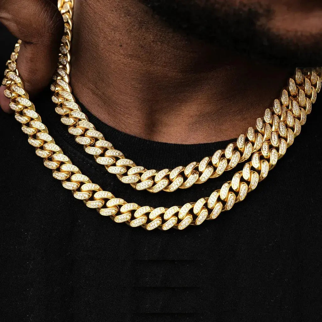 Diamond Iced Cuban Chain in Yellow Gold - 12mm