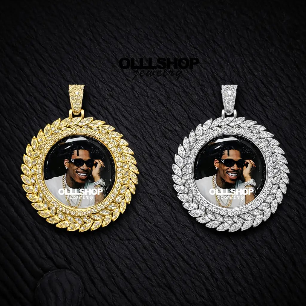 Wheat Ear Round Custom Photo Pendant - Personalized Iced Necklace