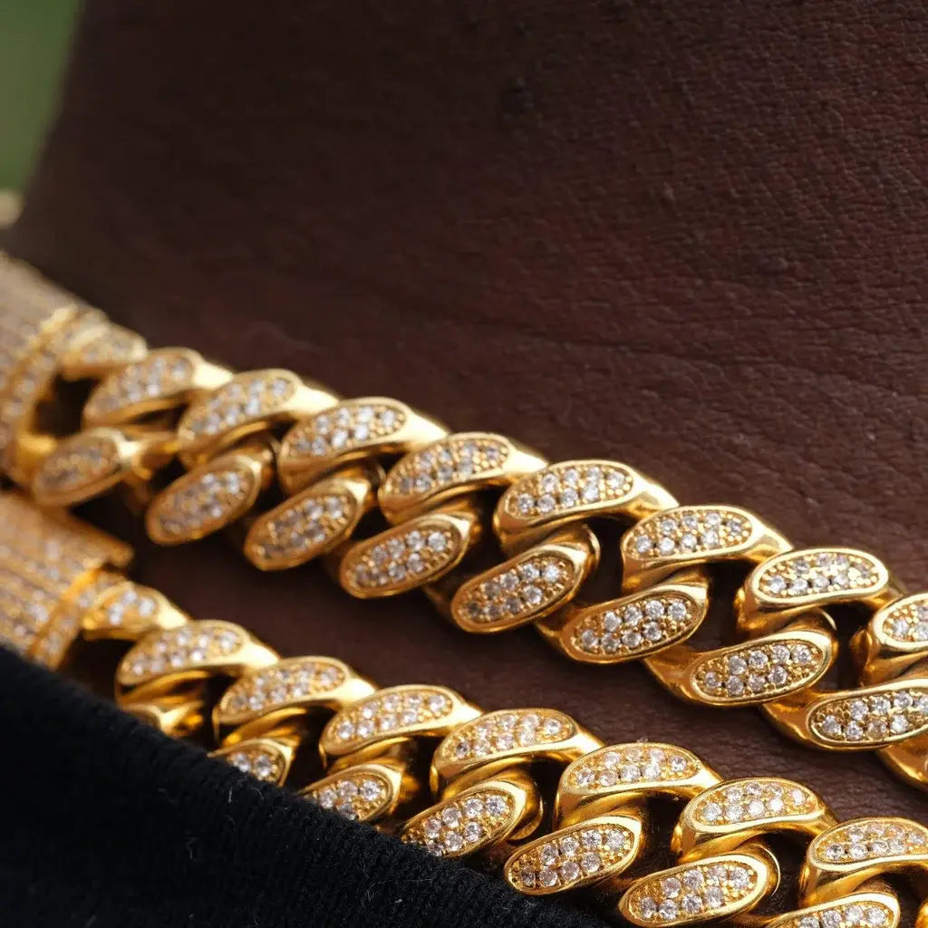 Diamond Iced Cuban Chain in Yellow Gold - 12mm