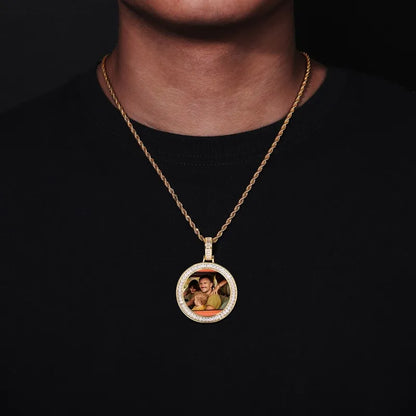 3D Customized Photo T Square Diamond Round Pendant - 38mm