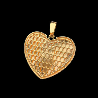 Back view of gold custom cracked love pendant, honeycomb pattern 