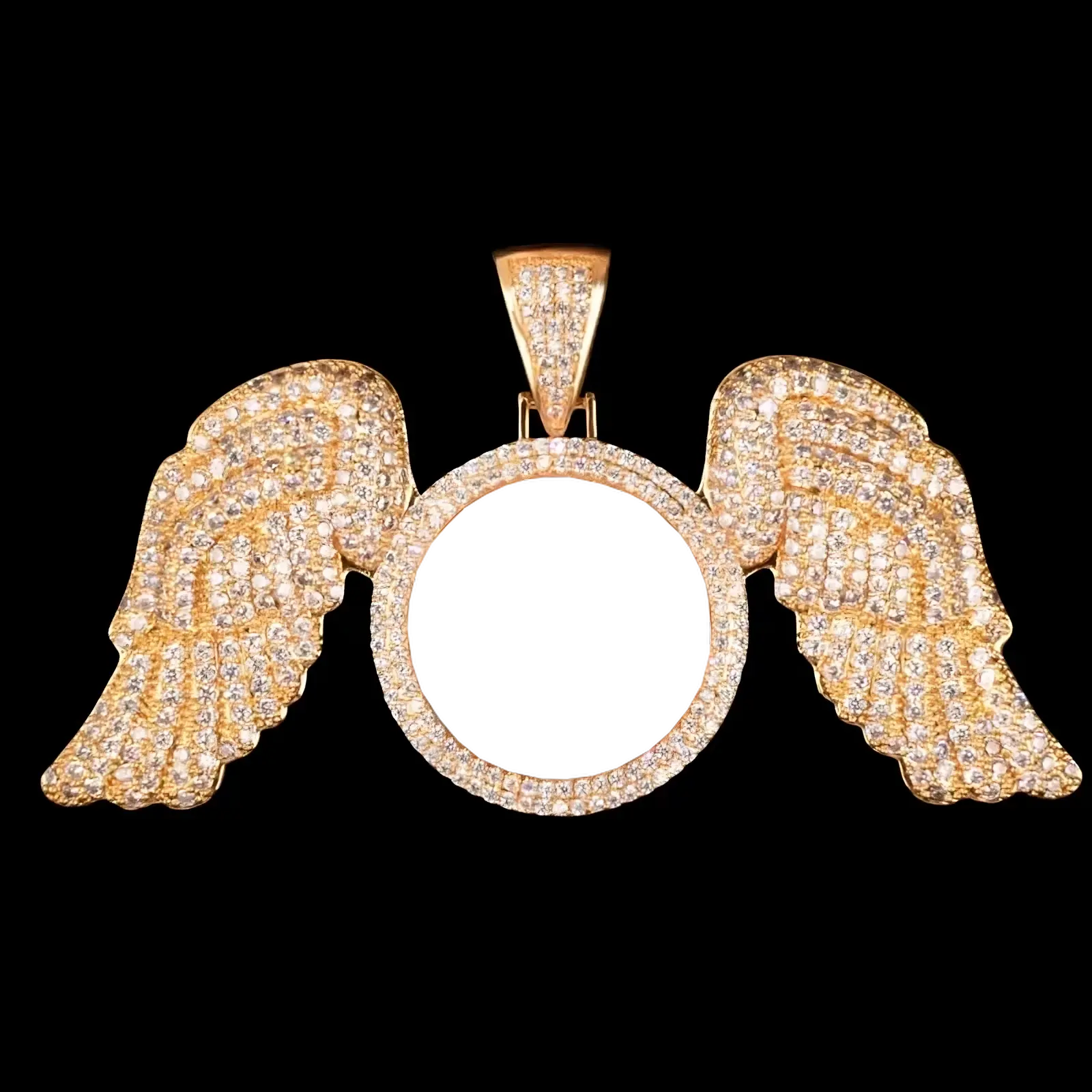 Empty round angel wings pendant frame ready for custom photo engraving