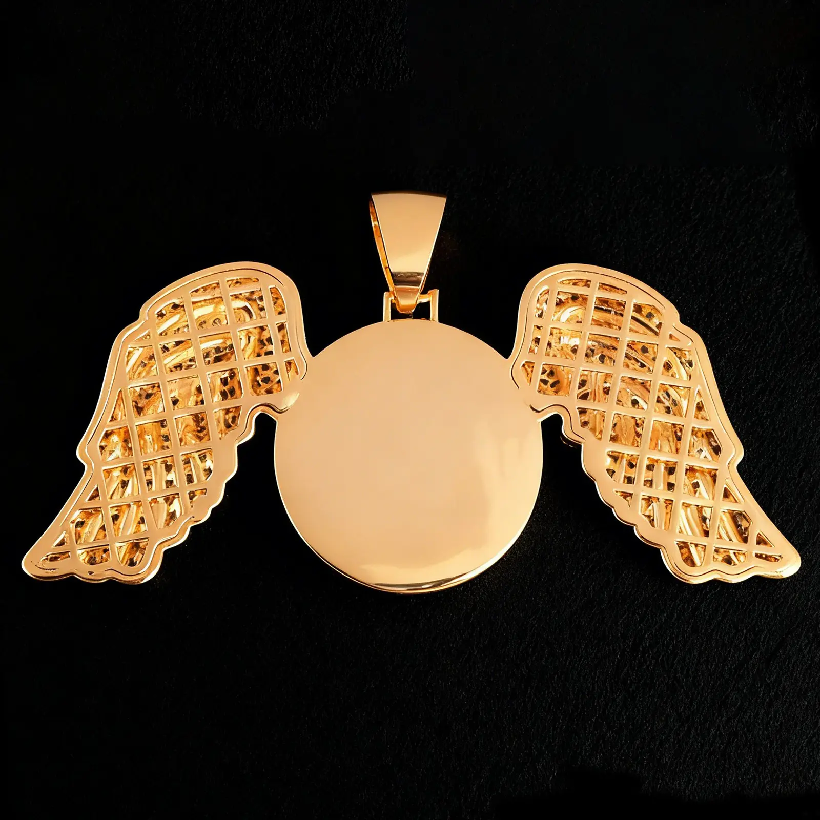 Back view of large wings photo pendant showing polished finish and craftsmanship
