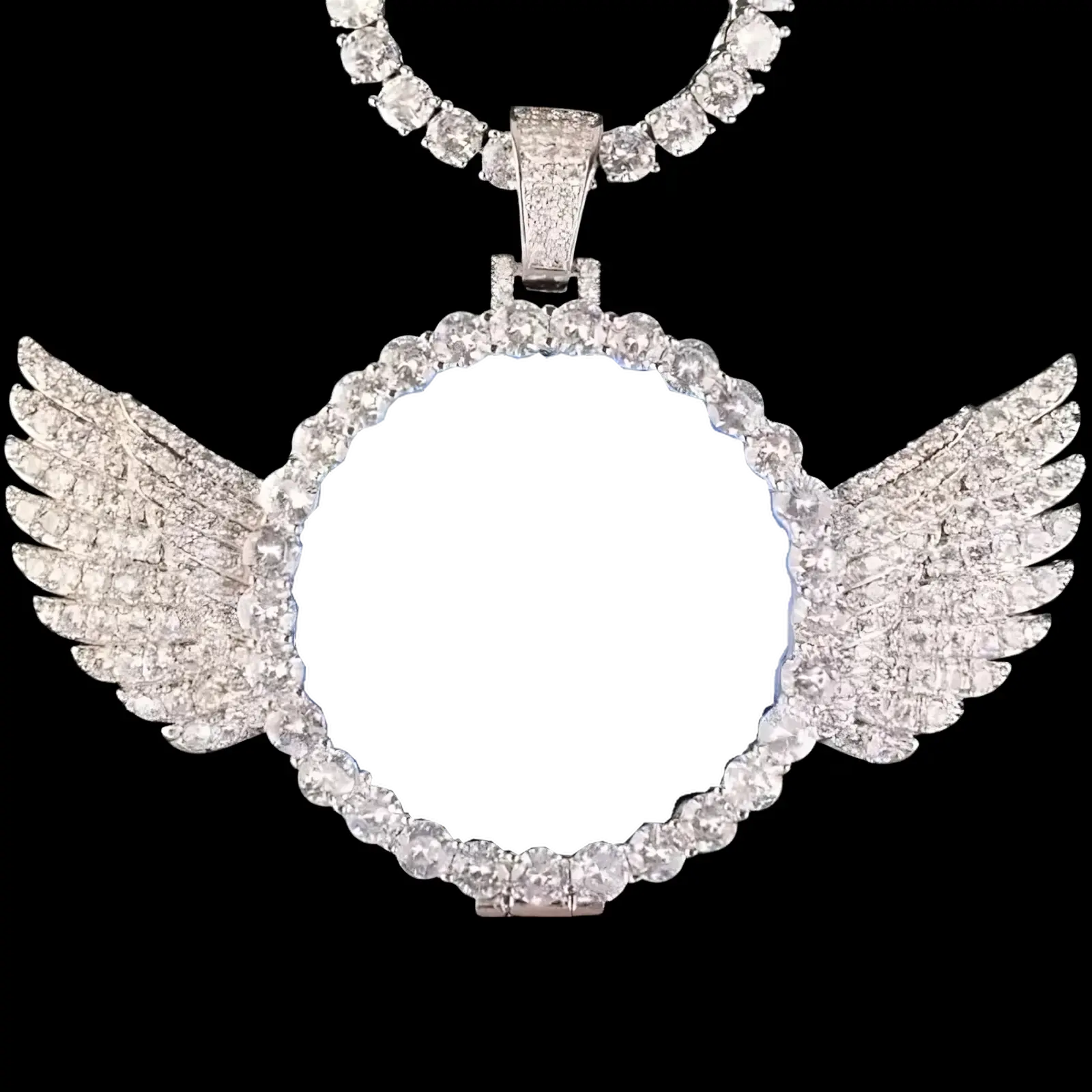 Iced-out wings pendant with personalized picture, luxury hip hop jewelry
