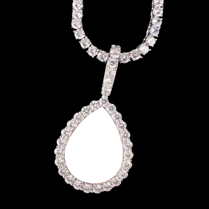 Back view of blank teardrop pendant with diamond border for custom photo 