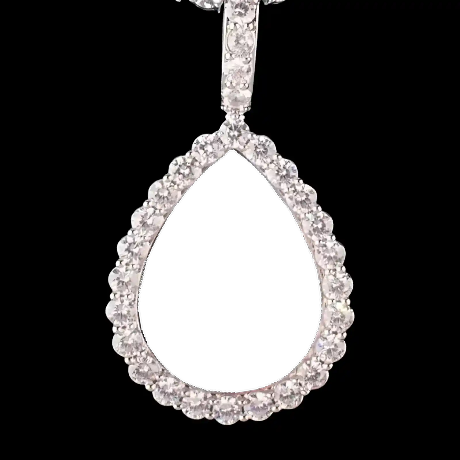 Back view of blank teardrop pendant with diamond border for custom photo