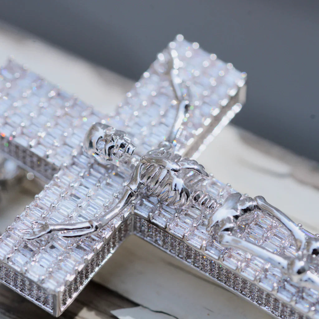 3D Skull Cross Baguette Solid Iced Pendent - 51MM