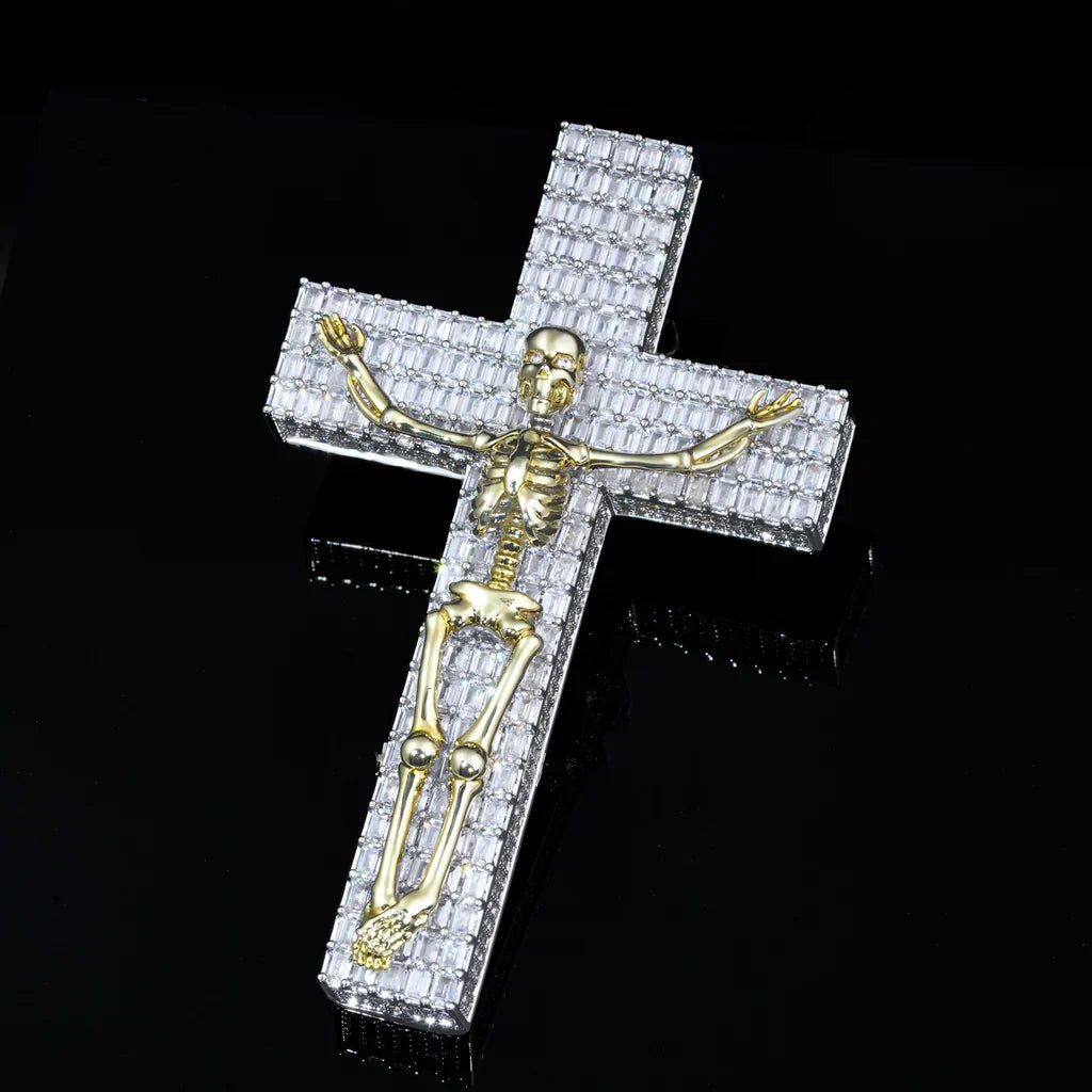 3D Skull Cross Baguette Solid Iced Pendent - 51MM