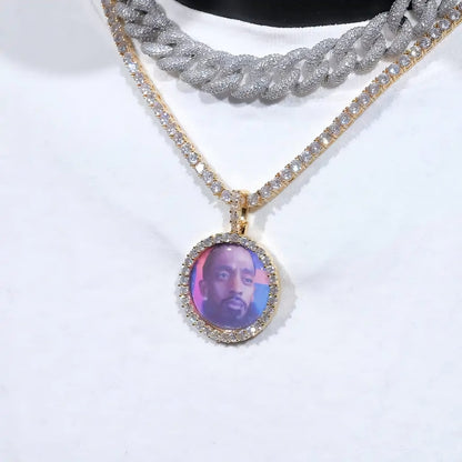 Small iced circle photo pendant with personalized picture on gold chain